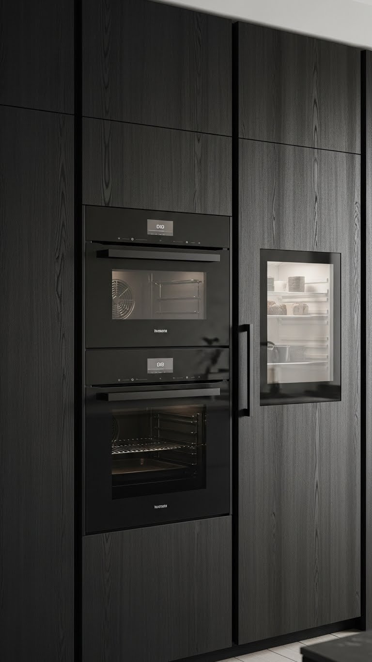 Integrated matte black oven and flush refrigerator blend seamlessly into dark kitchen cabinetry. Minimalist, sleek, modern smart kitchen design.