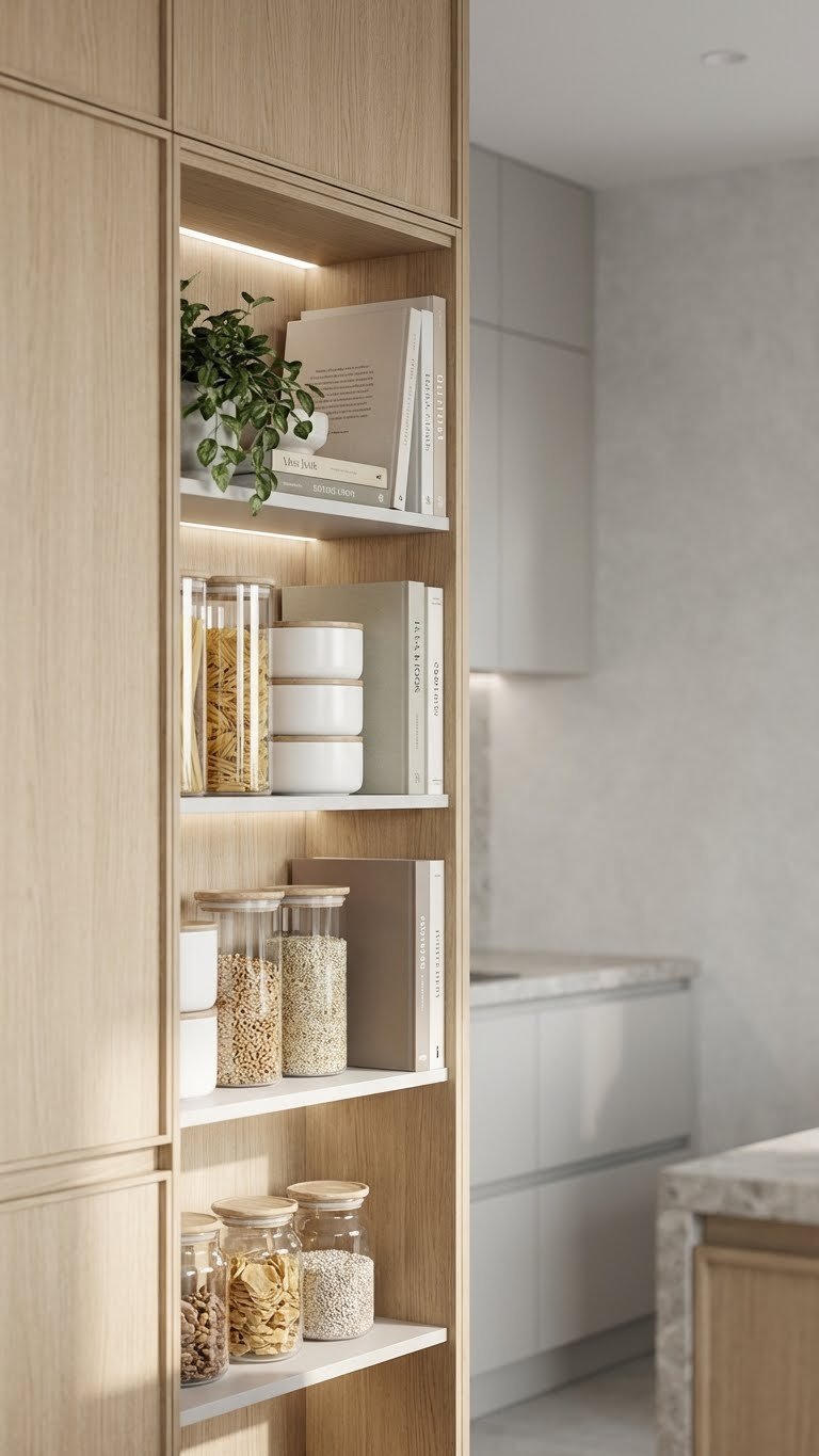 Exposed Kitchen Pantry: 7 Genius Ideas For Organized Style 1 Integrated modern kitchen pantry with organized light wood shelves, clear jars, white ceramics, and cookbooks.