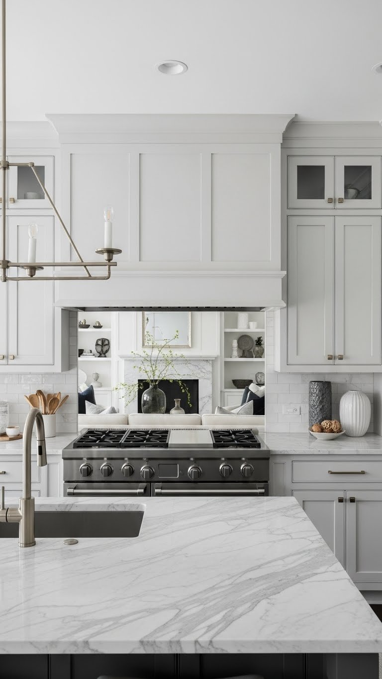 Integrated range hood in kitchen. Acoustic treatment in living room. Elegant gray & white.