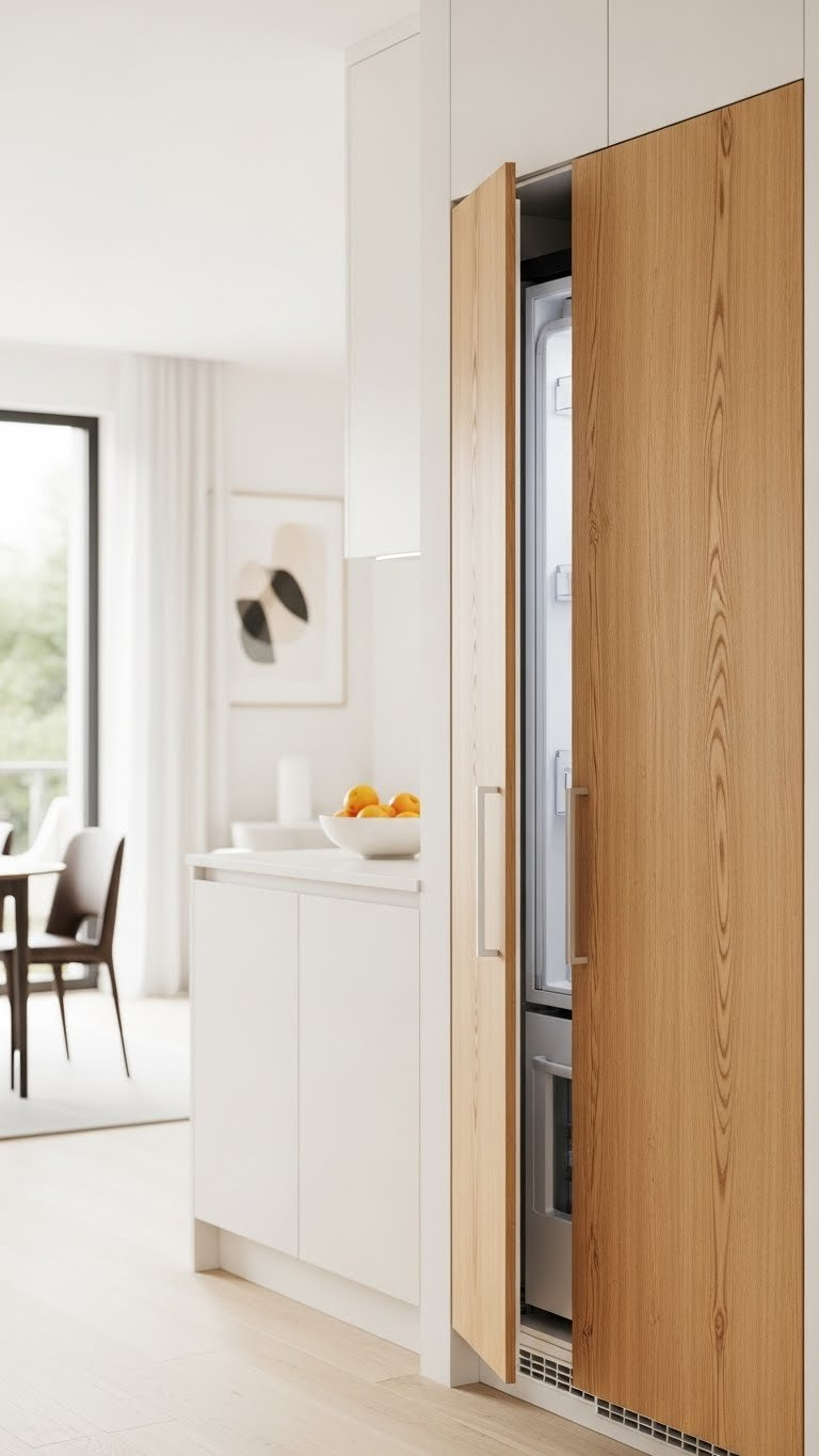 Integrated refrigerator concealed behind custom wood cabinet panels in sleek modern small kitchen design with minimalist decor.