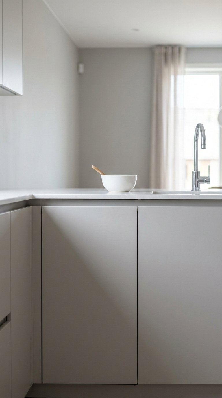 Integrated slimline dishwasher flush with handleless cabinetry in a contemporary L-shaped kitchen