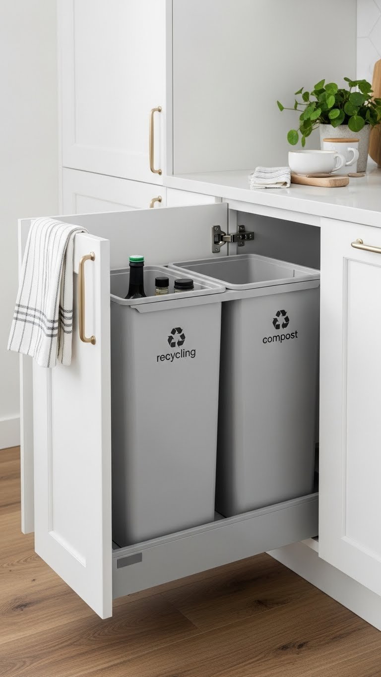 Small Office Kitchen: 11 Smart Ideas For Max Productivity 13 Integrated smart waste and recycling system with discreet cabinet compartments in organized office kitchen