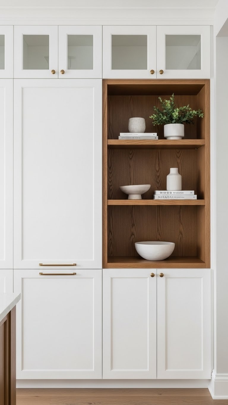 Integrated storage: built-in shelving transitions from kitchen pantry to living room display, deep wood tones, neutral whites.