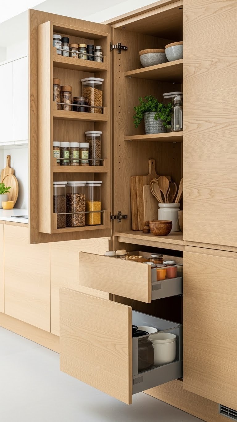 Integrated storage solutions in light oak kitchen cabinets showing organized pull-out drawers and spice racks