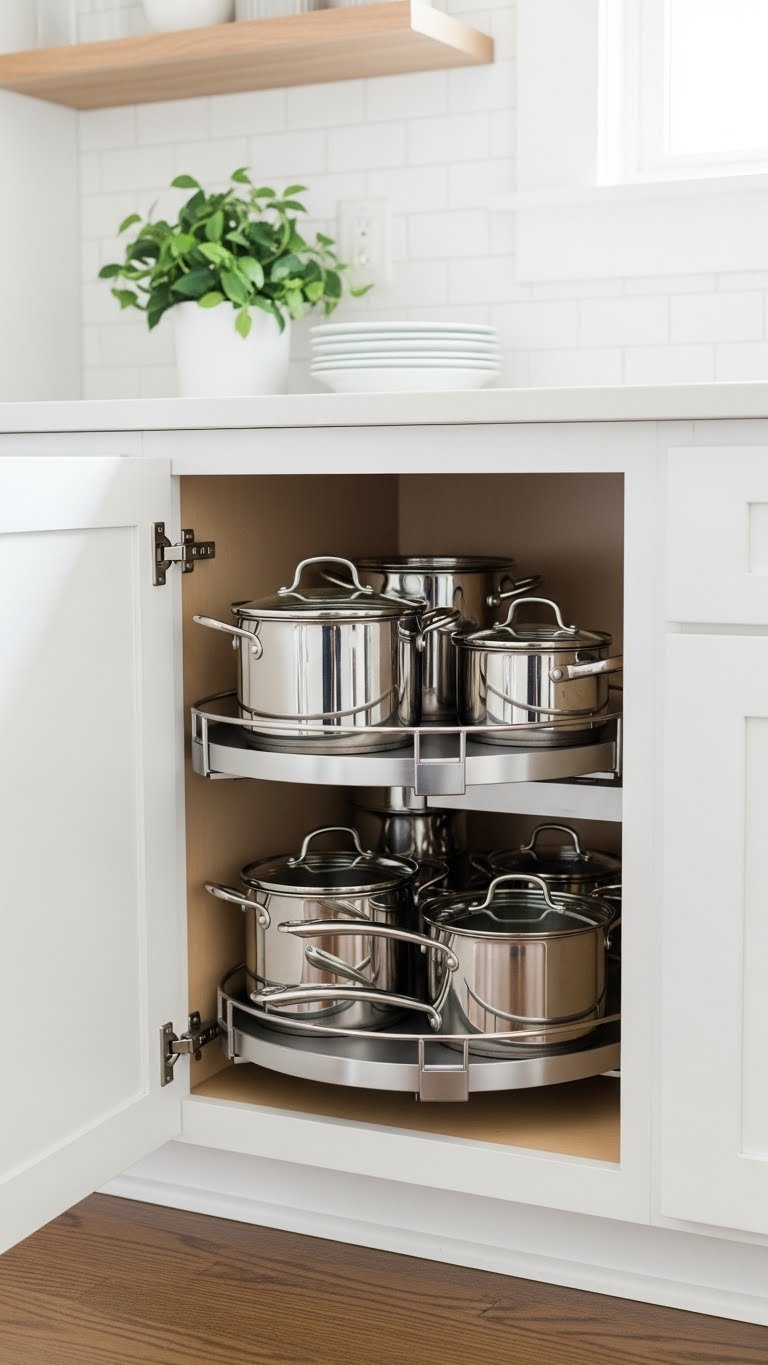 Diy Small Kitchen Ideas: 11 Budget Hacks For A High-End Look 15 Intelligently organized small kitchen corner with lazy Susan holding pots and pans in base cabinet