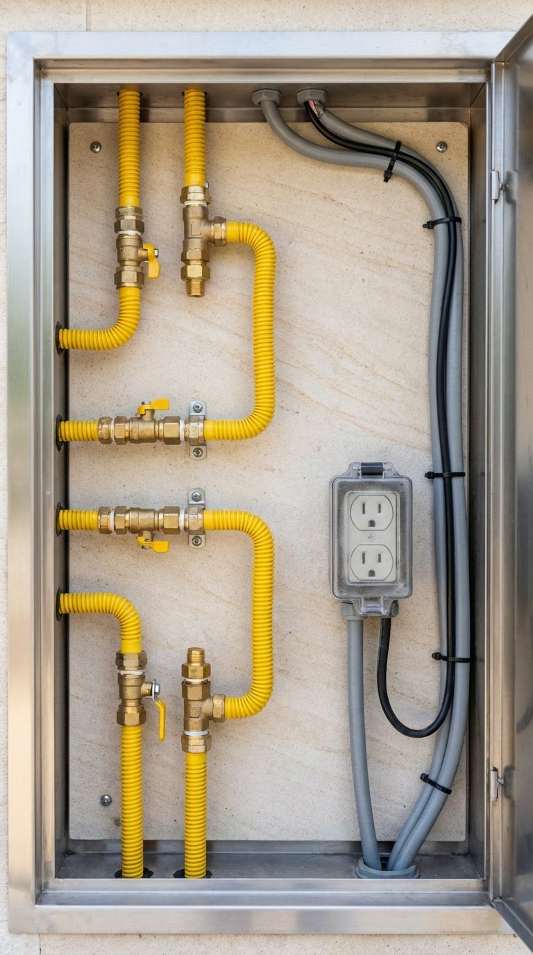 Outdoor Kitchen L Shape Complete Planning And Design Guide 9 Interior view of outdoor kitchen cabinet showing organized gas and electrical lines with professional installation