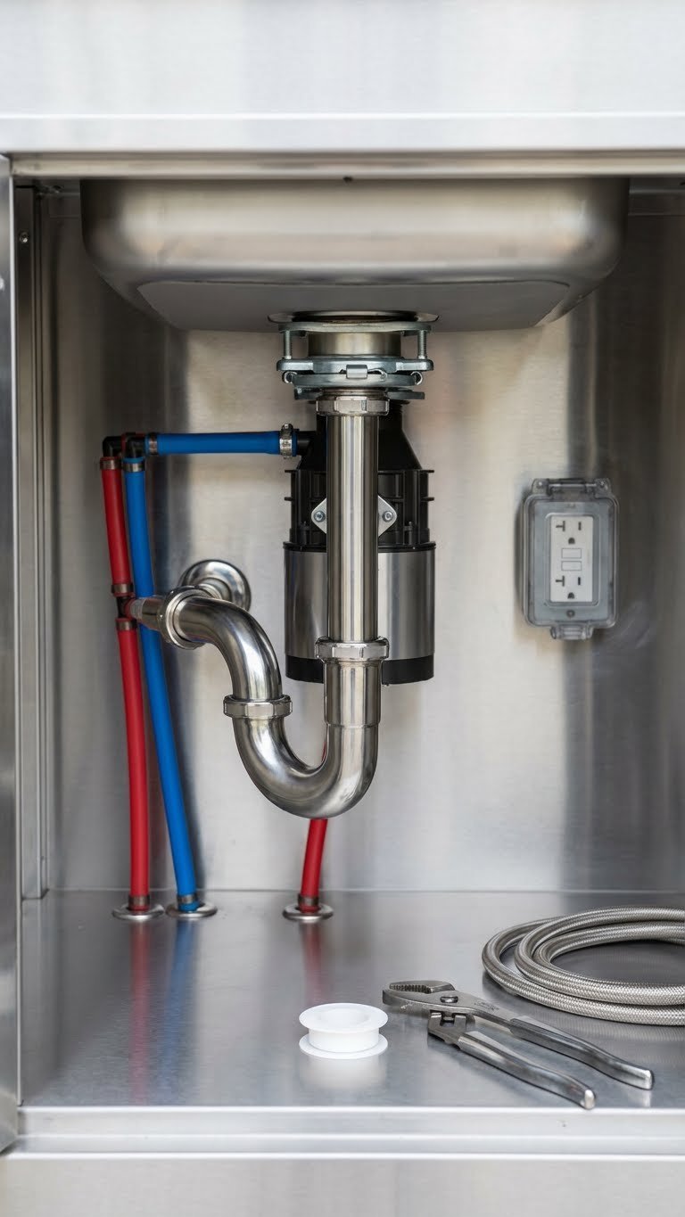 Outdoor Kitchen With Green Egg Design Build Cost Guide 11 Interior view of outdoor kitchen cabinet showing stainless steel sink plumbing and GFCI electrical outlet installation