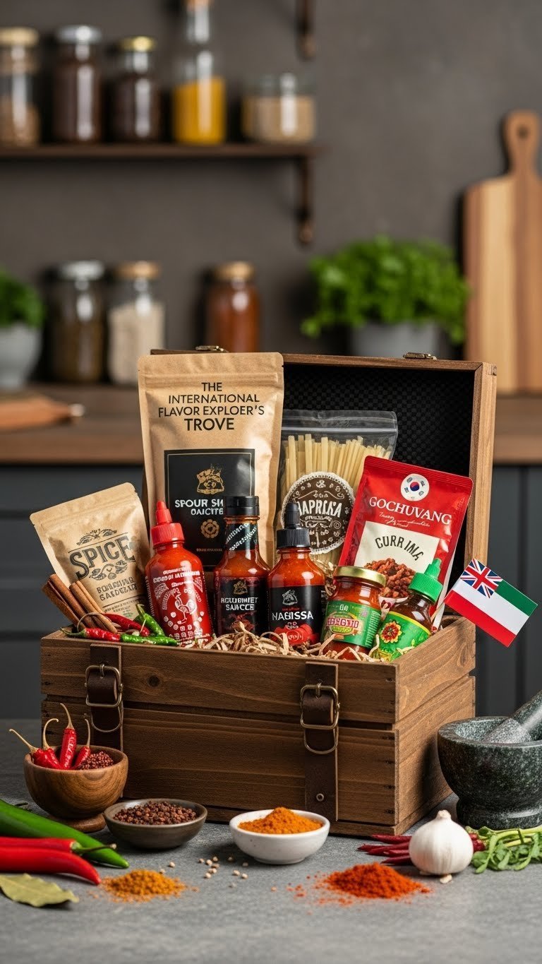 International flavor explorer gift basket filled with exotic spice sets, gourmet sauces, and ethnic ingredients