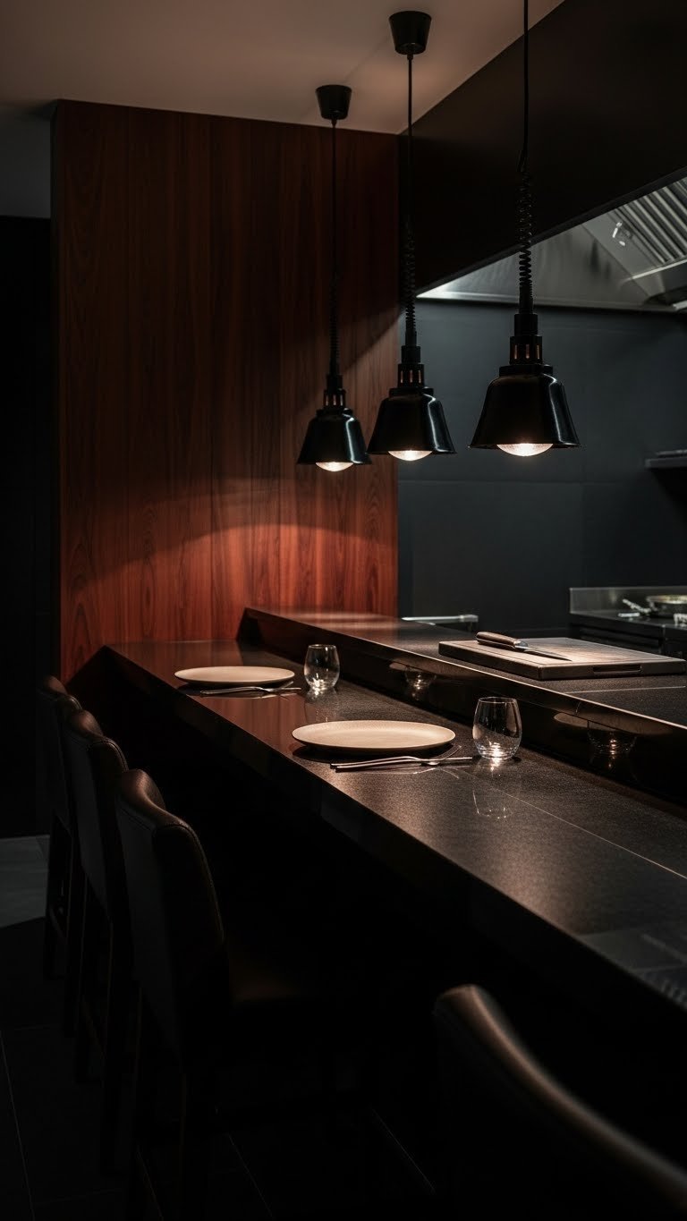 Dark Restaurant Kitchen Aesthetic: 7 Luxurious Design Ideas 12 Intimate chef's counter in a dark restaurant kitchen with polished black stone, dim pendant lights, and elegant leather stools.