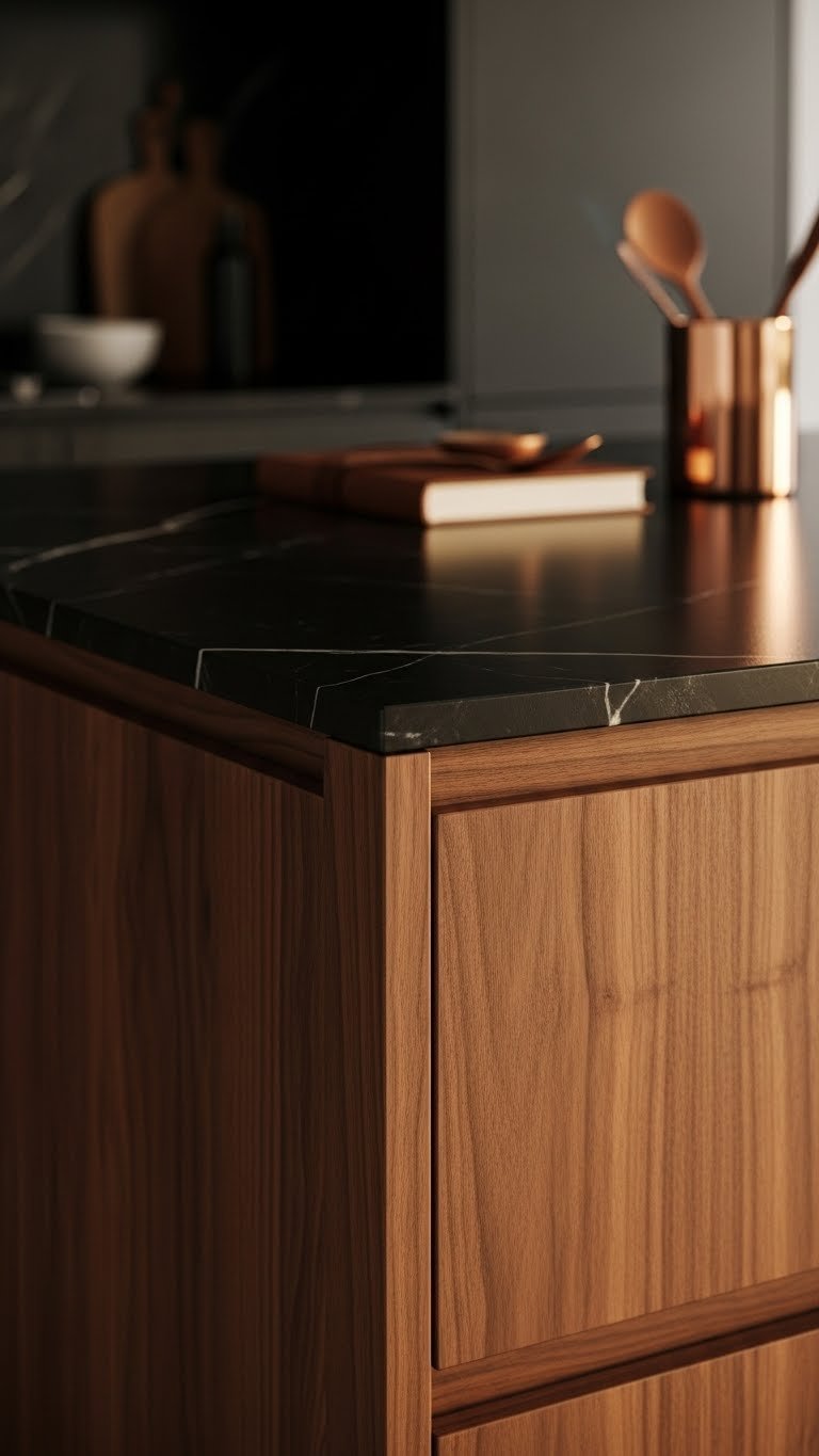Intimate close-up of a dark stained wood kitchen island with deep grain, contrasting black stone countertop. Rich, organic kitchen detail.