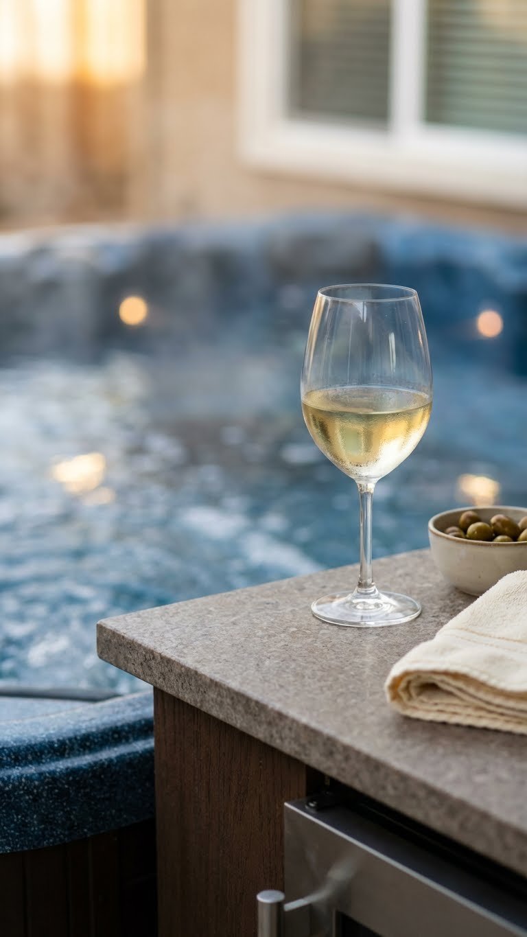 Outdoor Kitchen Pool Area Design Ideas For Luxury Entertaining 14 Intimate outdoor kitchen countertop next to bubbling spa with wine glass and serene atmosphere