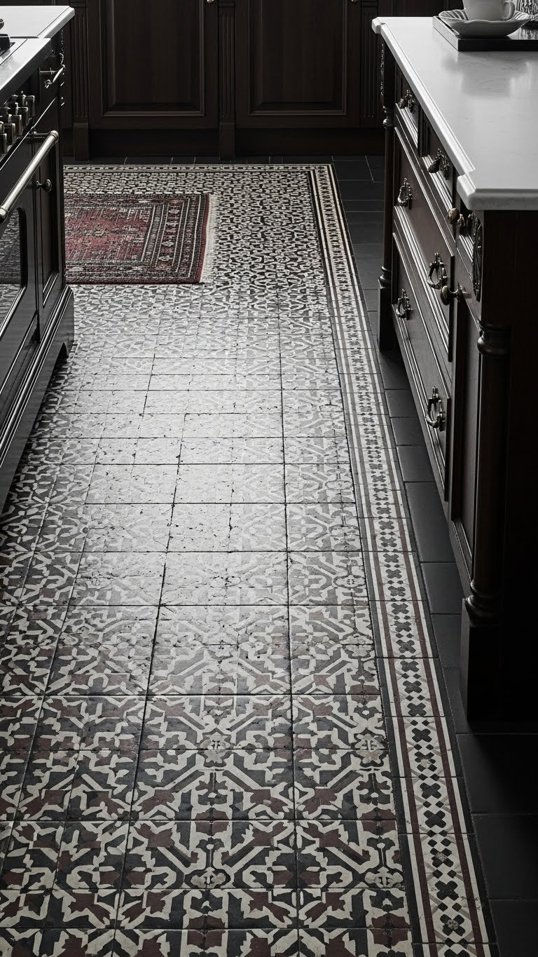 Intricate geometric patterned tiles in black and burgundy on a dark Victorian kitchen floor, leading to rich dark wood cabinets.