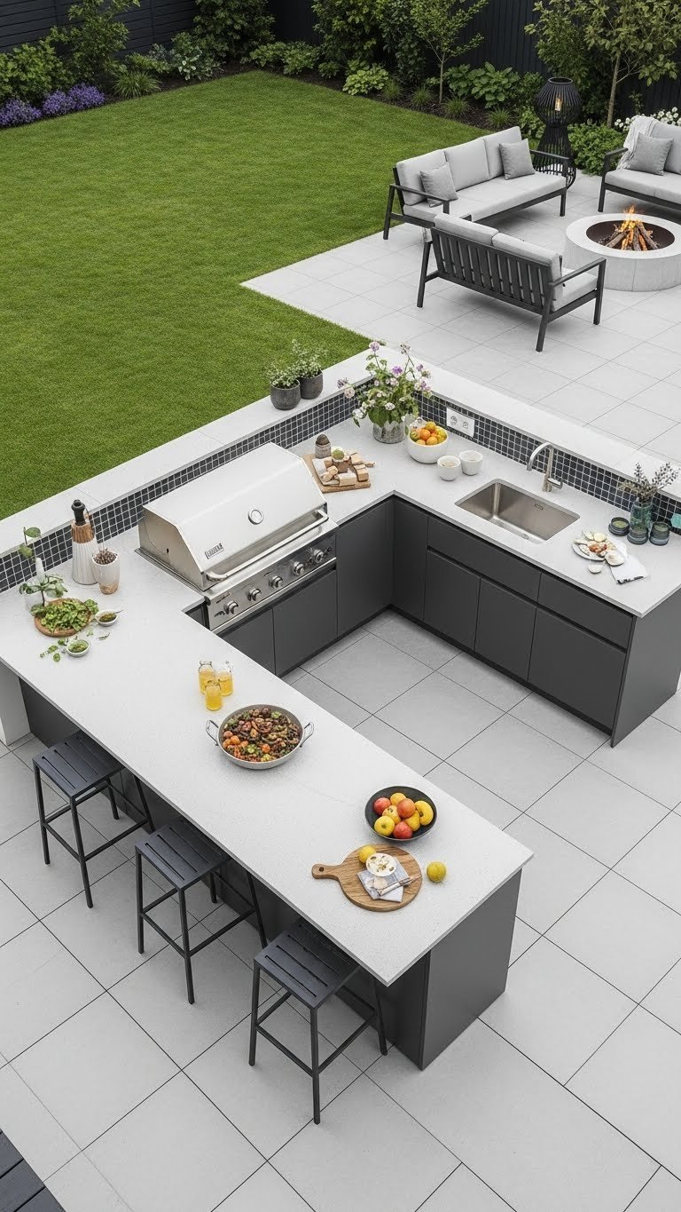 Inviting L-shaped DIY outdoor kitchen layout with built-in grill, sink, and ample counter space