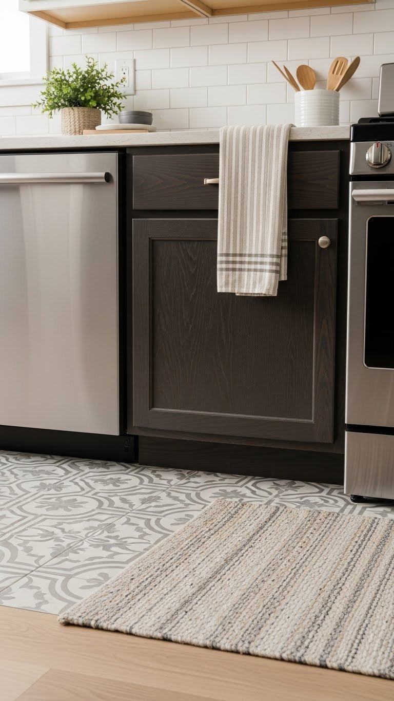 Inviting kitchen floor view with dark wood cabinets meeting light-colored patterned tile flooring creating visual contrast