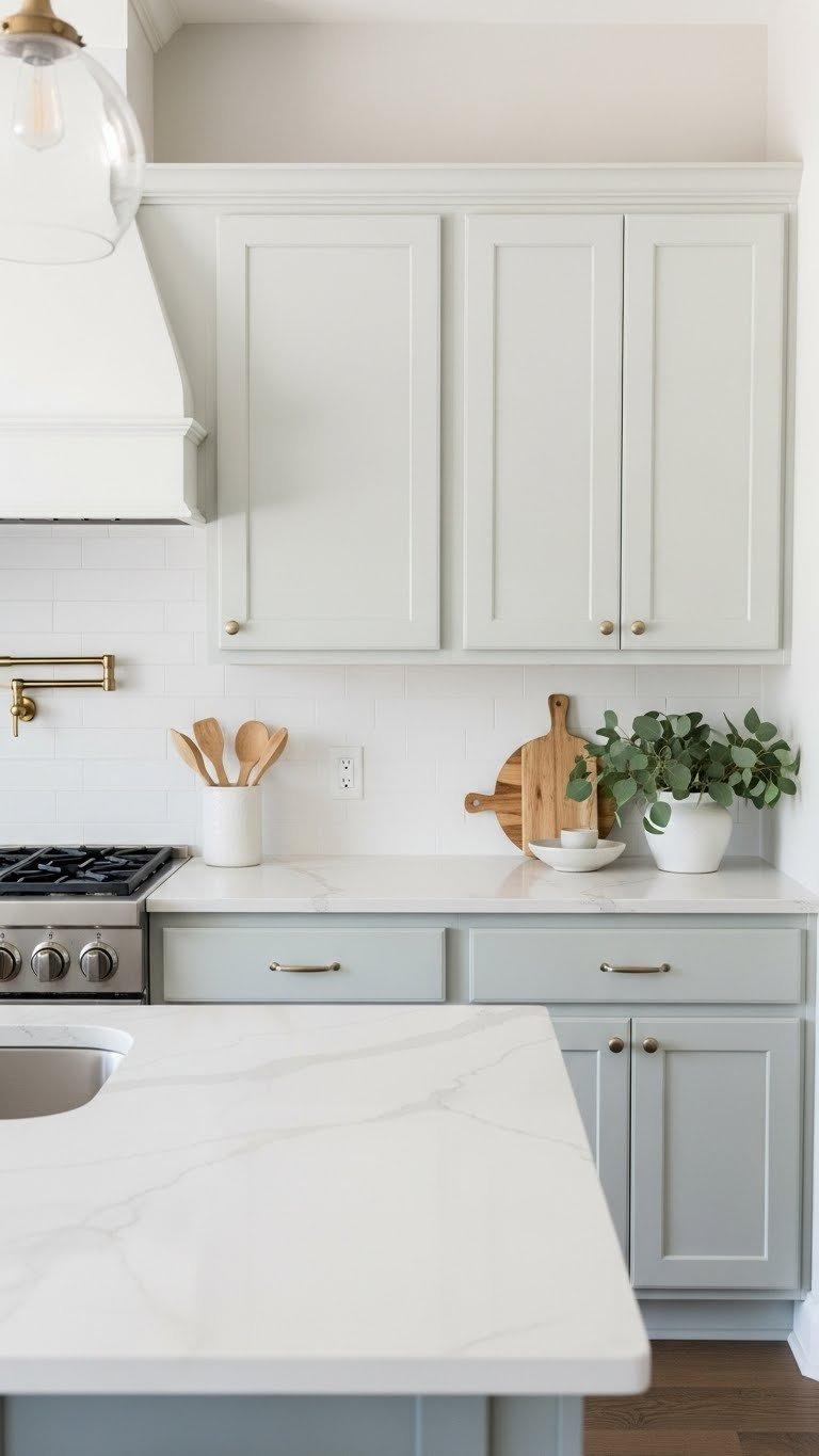 Inviting kitchen with contemporary color palette of soft gray walls and light-colored cabinets