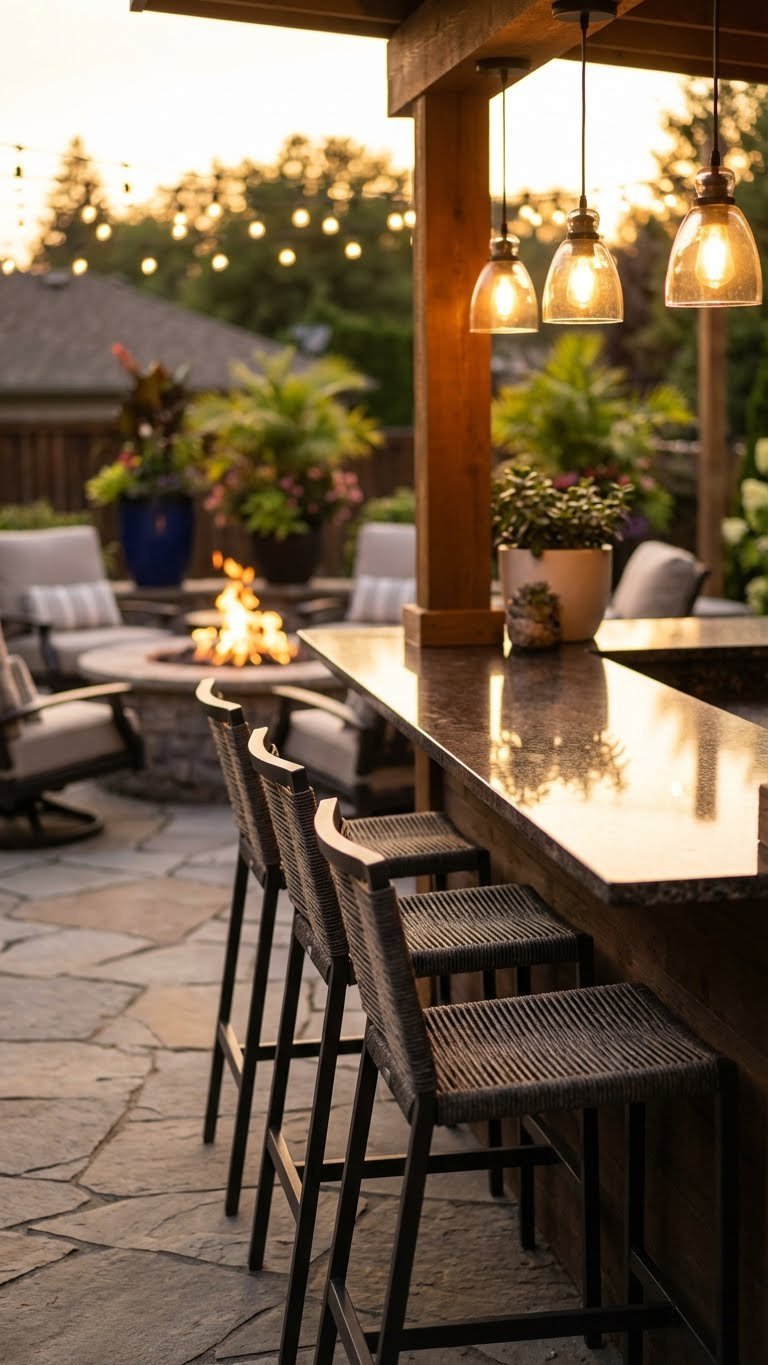 Outdoor Kitchen With Bar Complete Planning Design Guide 10 Inviting outdoor bar seating area at dusk with four modern stools under granite counter and warm pendant lighting