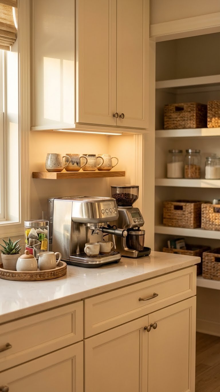 Inviting pantry coffee bar nook with an espresso machine, stylish mugs, and under-cabinet lighting, creating a cozy and functional kitchen space.