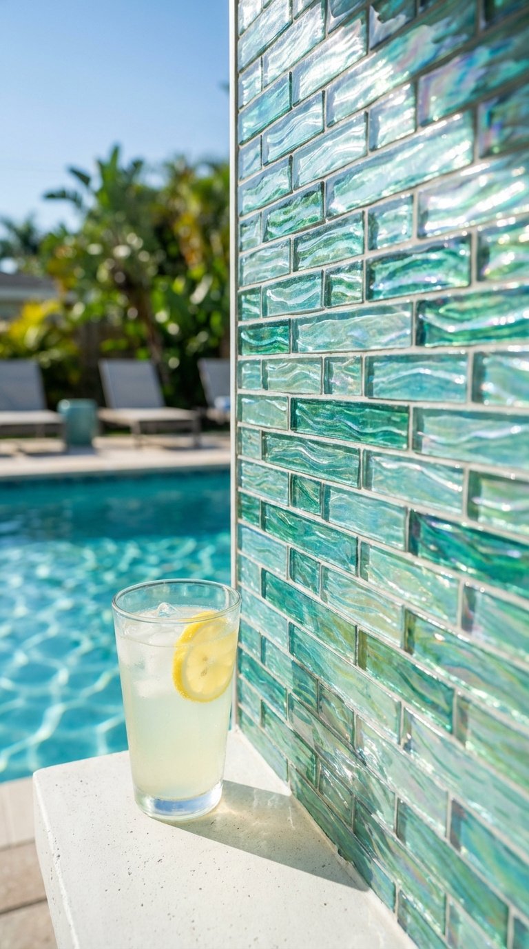 Outdoor Kitchen Tile Backsplash Ideas Materials And Installation Guide 13 Iridescent blue and green glass mosaic tile backsplash reflecting poolside sunlight on white concrete bar