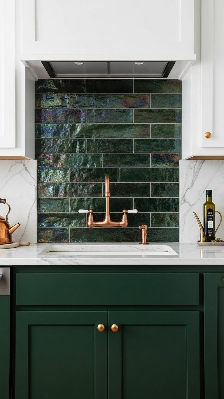 Iridescent dark green zellige tile backsplash behind a copper faucet, contrasting with cabinets. Elegant kitchen design detail.