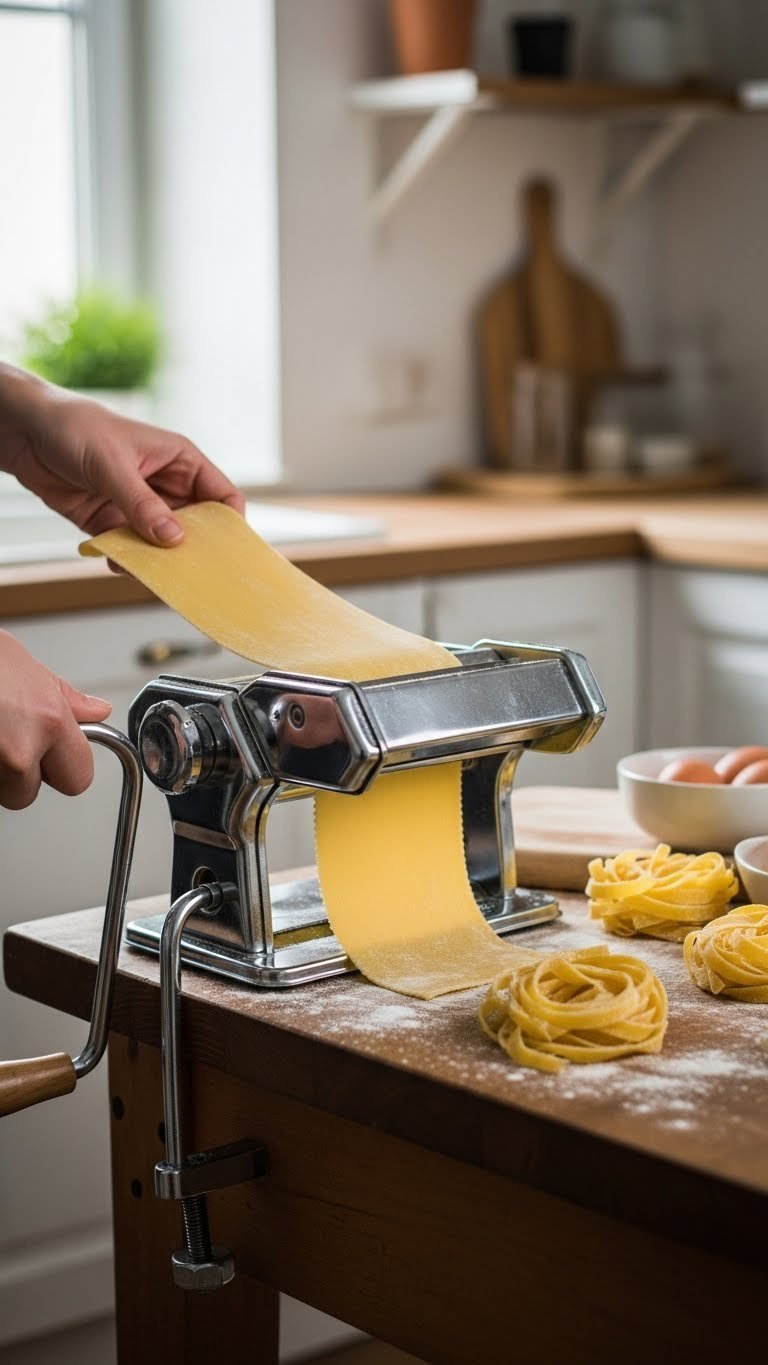 Italian chrome pasta maker rolling fresh dough on rustic wooden kitchen table