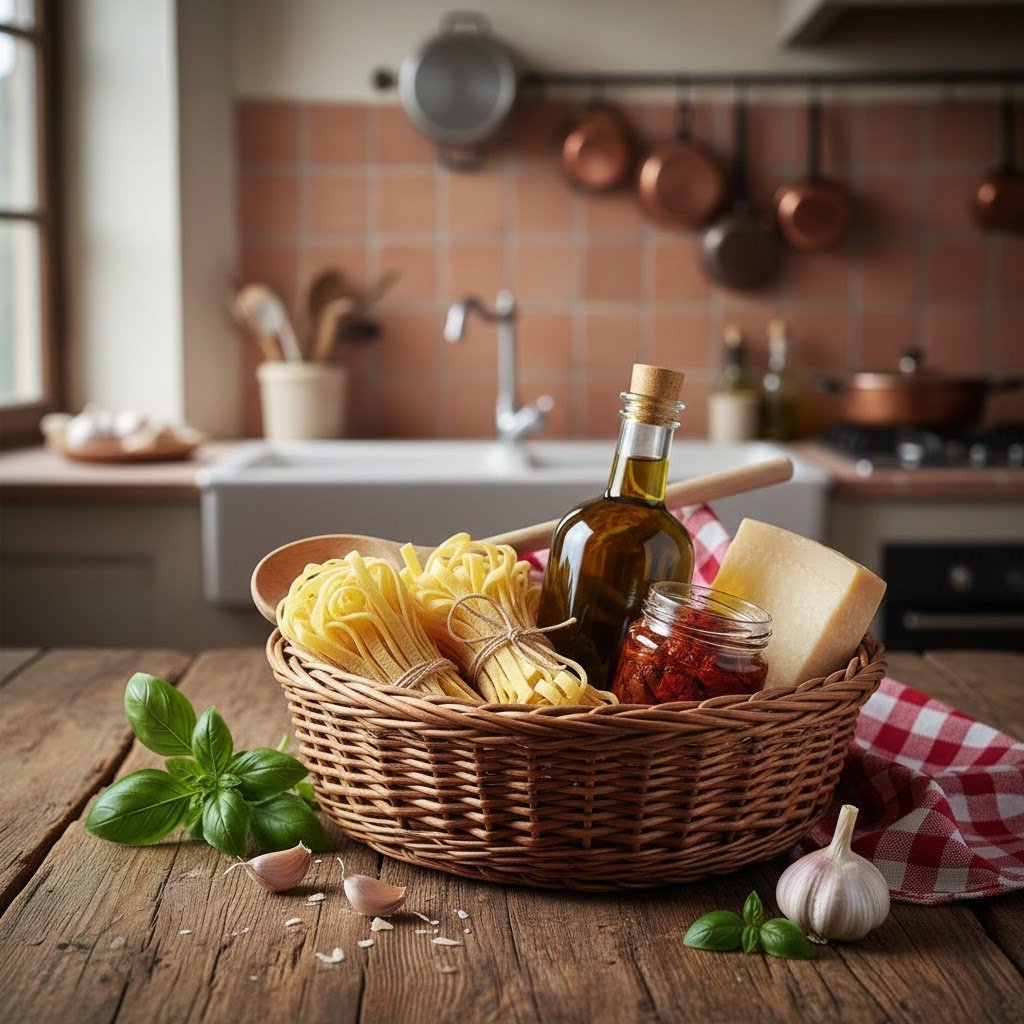 Italian kitchen essentials gift basket with pasta, olive oil, tomatoes, and Parmesan cheese in rustic arrangement