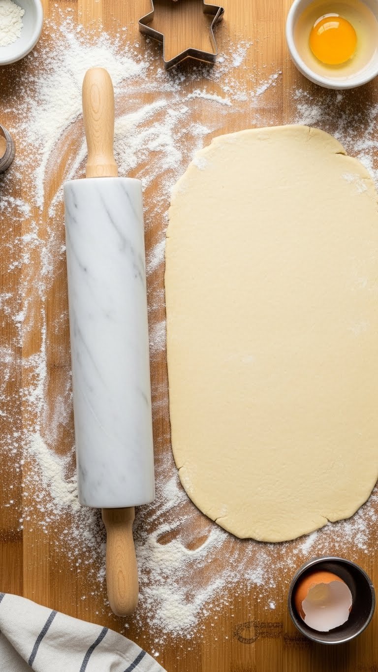 Italian marble rolling pin resting on floured wooden surface with pastry dough ready for baking