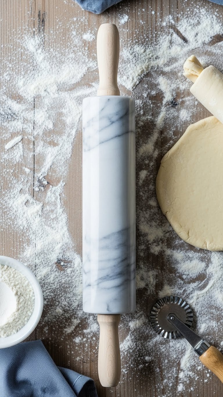 Italian marble rolling pin with natural veining resting on flour-dusted wooden surface with pastry dough