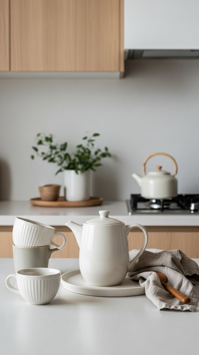 Japandi kitchen color palette featuring warm neutrals, soft off-whites, and muted earthy tones on countertops with ceramic tea set and natural light.
