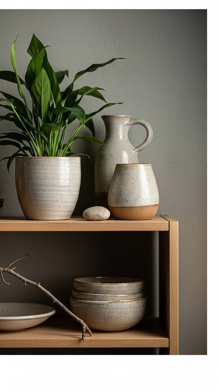 Japandi kitchen decor with artisan pottery and indoor plant arranged on light wood open shelf