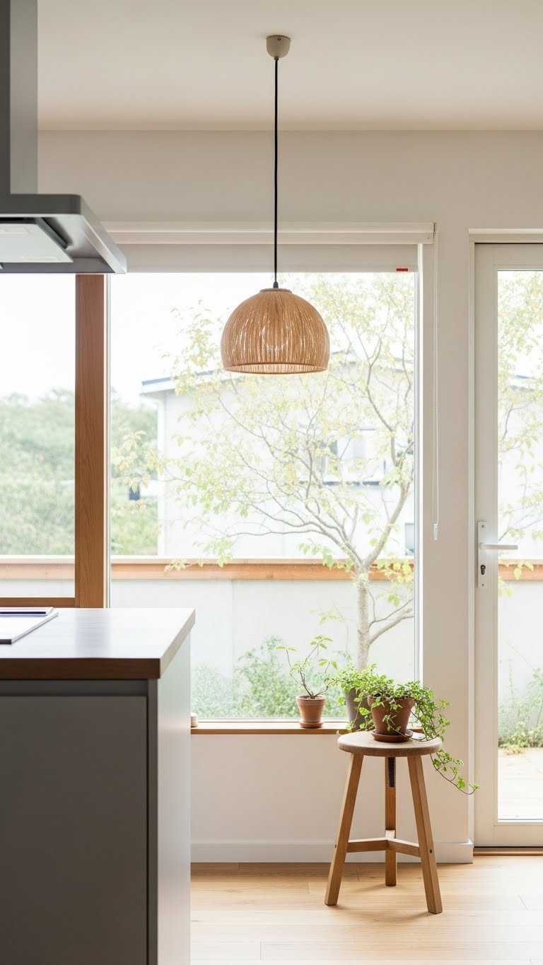 Japandi kitchen interior with abundant natural light from large window and minimalist pendant lighting