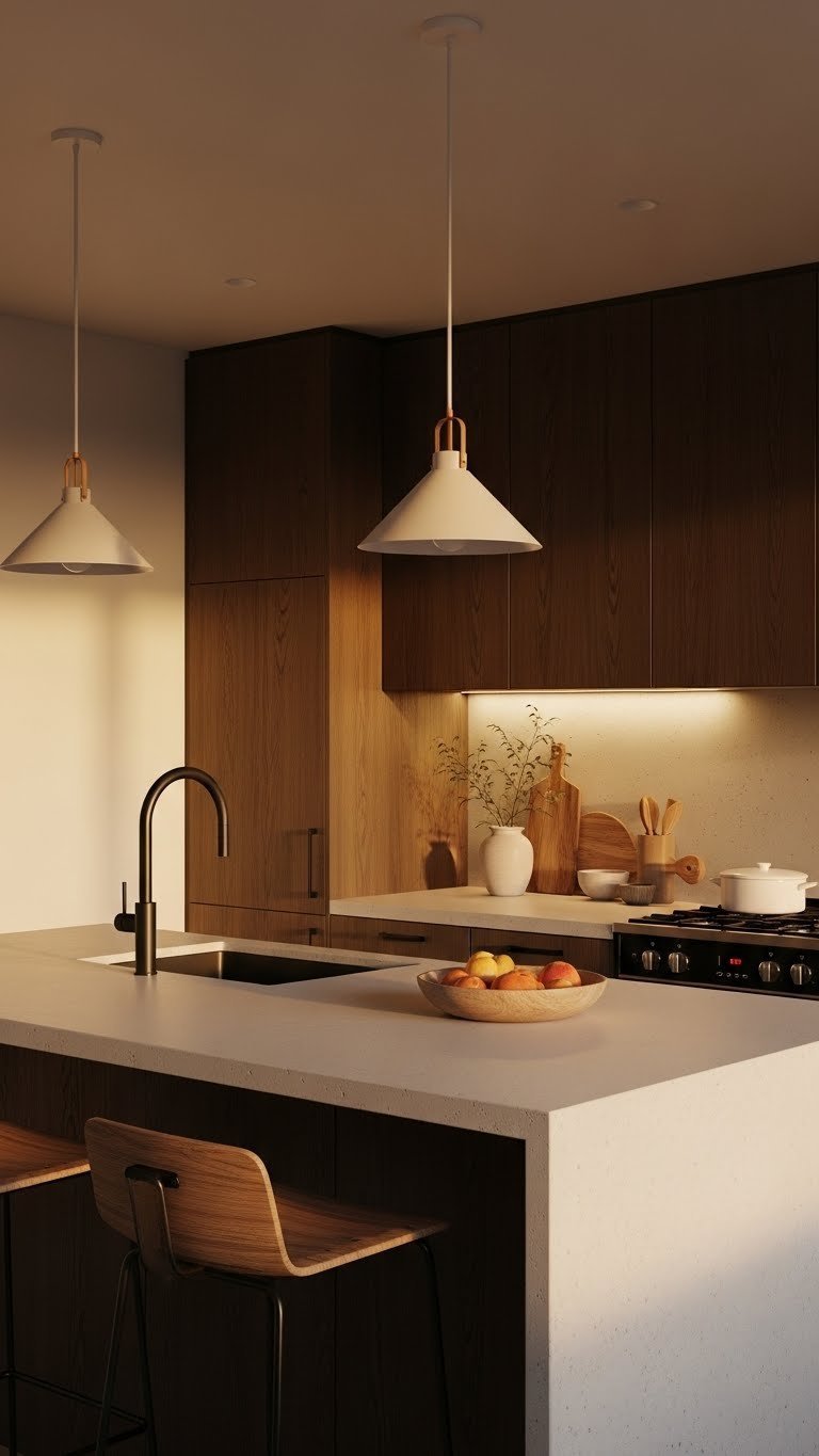 Japandi kitchen island illuminated by elegant pendant lighting with warm ambient glow on concrete surface and matte wood cabinetry.