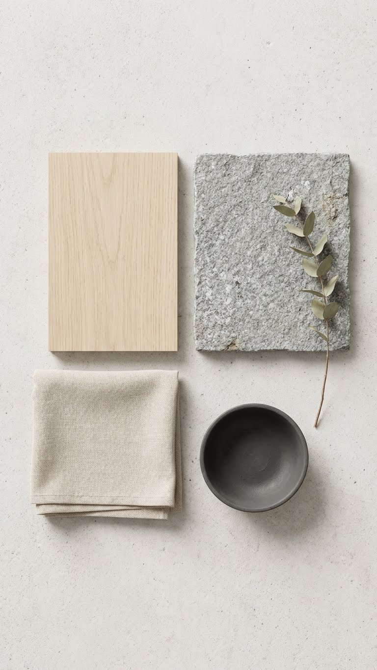 Outdoor Kitchen Japandi Design Guide For Serene Living 3 Japandi outdoor kitchen color palette flat lay featuring light oak, grey stone tile, beige linen fabric, and charcoal ceramic bowl