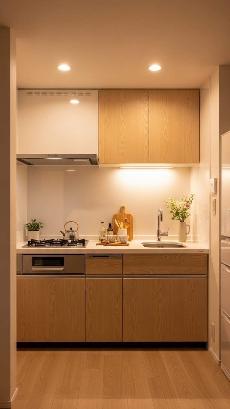 Japanese kitchen illuminated by recessed ceiling lighting and under-cabinet strips highlighting natural wood textures
