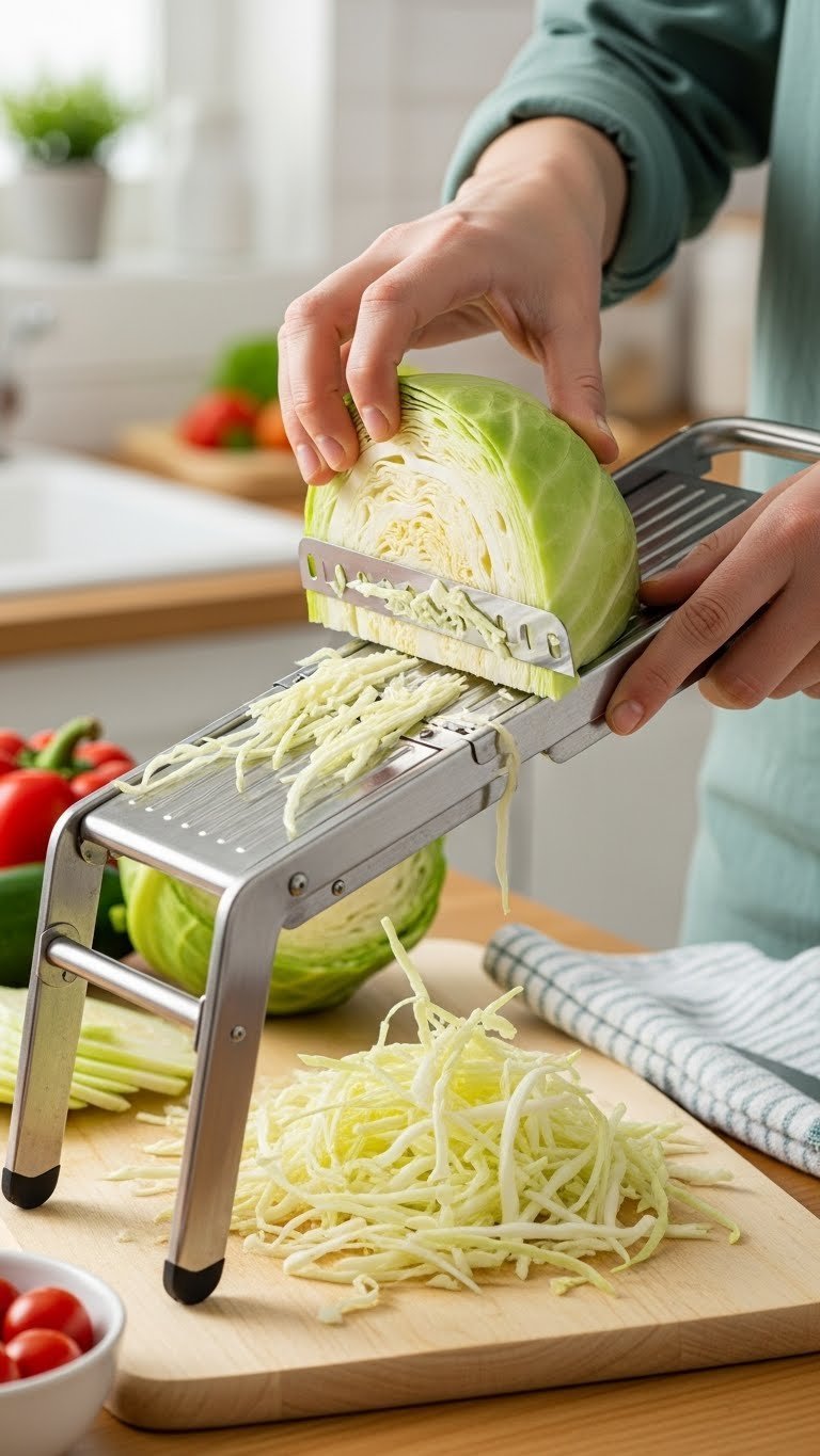 9 Smart Japanese Kitchen Gadgets For Home Cooks 5 Japanese mandoline slicing cabbage into thin ribbons on cutting board