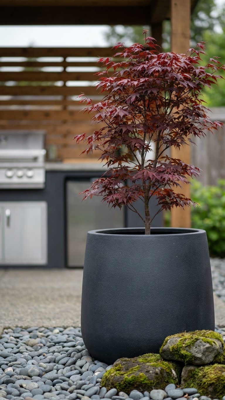 Outdoor Kitchen Japandi Design Guide For Serene Living 13 Japanese maple with deep red leaves in charcoal minimalist planter on gravel bed near Japandi outdoor kitchen