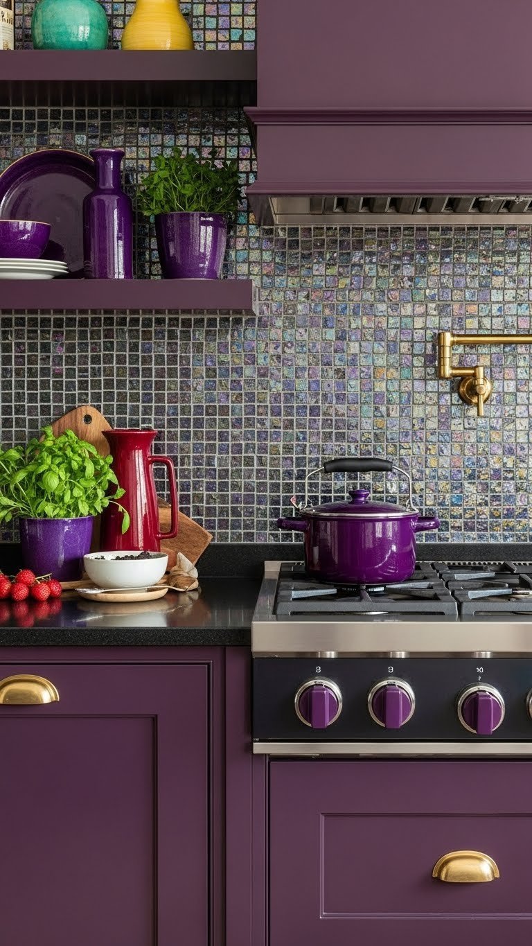 Jewel-toned dark plum kitchen cabinets with amethyst, berry red, and emerald green accents, against a mosaic backsplash. Opulent design.