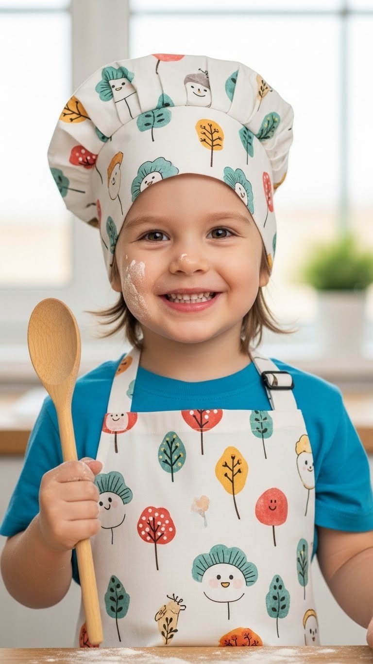 11 Essential Kitchen Gadgets For Kids To Use In 2025 21 Joyful young child wearing chef hat and apron holding wooden spoon with flour dusting