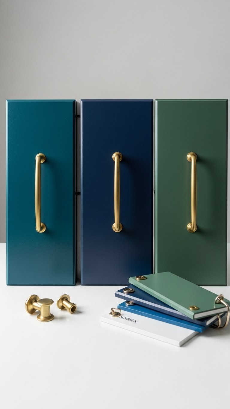 Kitchen cabinet color comparison: dark teal, navy blue, forest green shaker panels. Sophisticated tones, sample hardware.