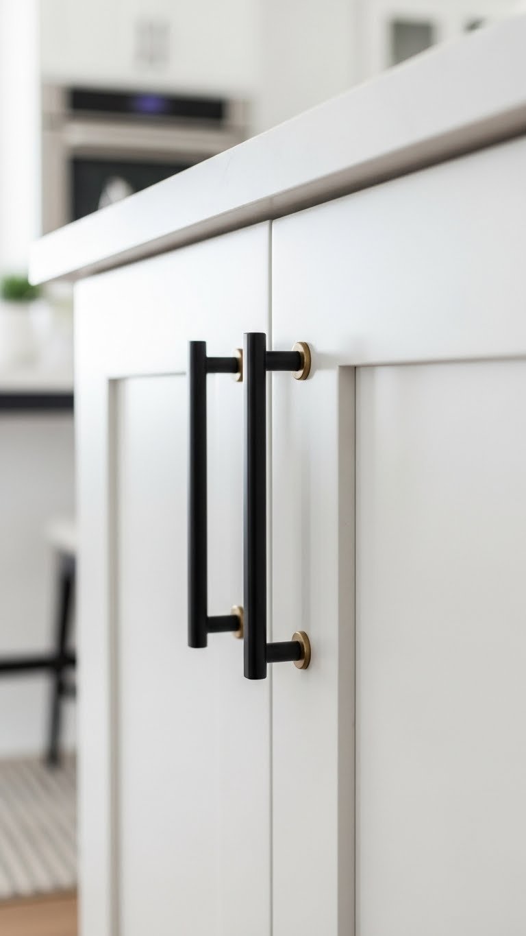 Kitchen cabinet door with modern matte black hardware contrasting against soft white painted finish