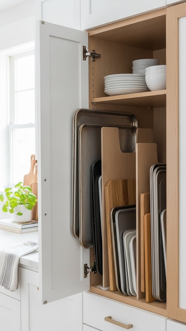 11 Smart Kitchen Cabinet Pantry Ideas For Ultimate Organization 3 Kitchen cabinet with vertical pantry dividers neatly organizing baking sheets, cutting boards, and platters for efficient storage.