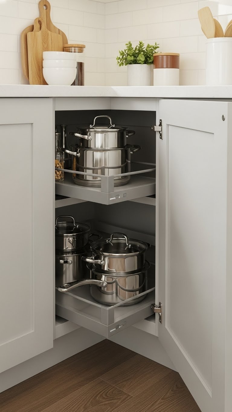 Kitchen corner cabinet with lazy Susan system organizing pots and pans efficiently