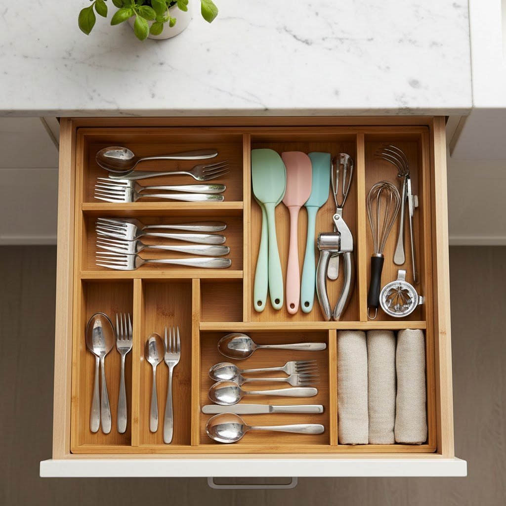 Kitchen drawer organized with bamboo dividers separating utensils and cutlery in light wood interior