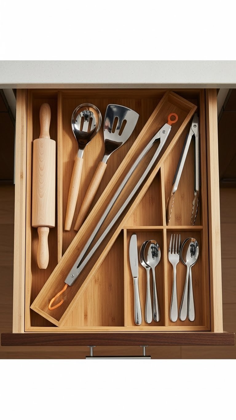 Kitchen drawer with diagonal expandable organizer holding long utensils like French rolling pin and grilling tongs in dark wood