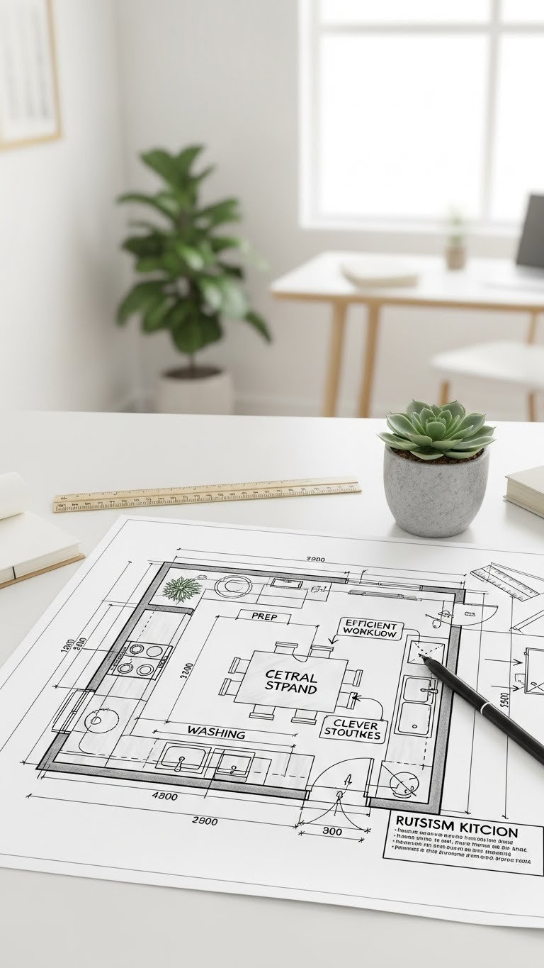 Rustic Minimalist Kitchen: 7 Steps To Timeless Design 5 Kitchen floor plan layout showing cooking, prep, and washing zones with efficient workflow for rustic minimalist design.