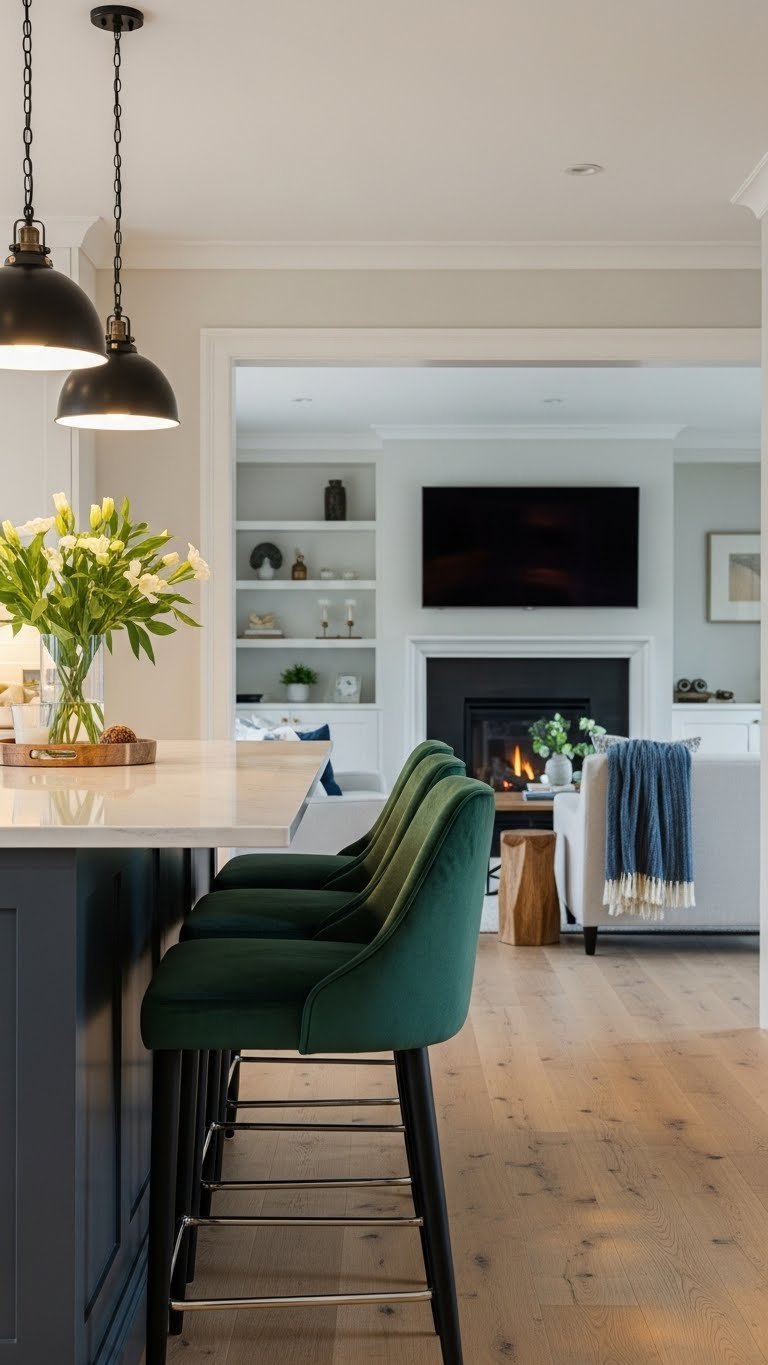Kitchen island seating: stylish bar stools facing open living room. Jewel tones, neutral wood, cozy ambient lighting.