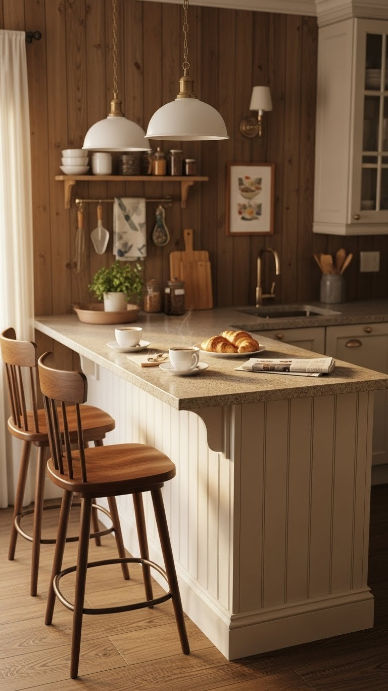 Kitchen island with breakfast bar setup featuring bar stools and morning coffee scene with pastry arrangement