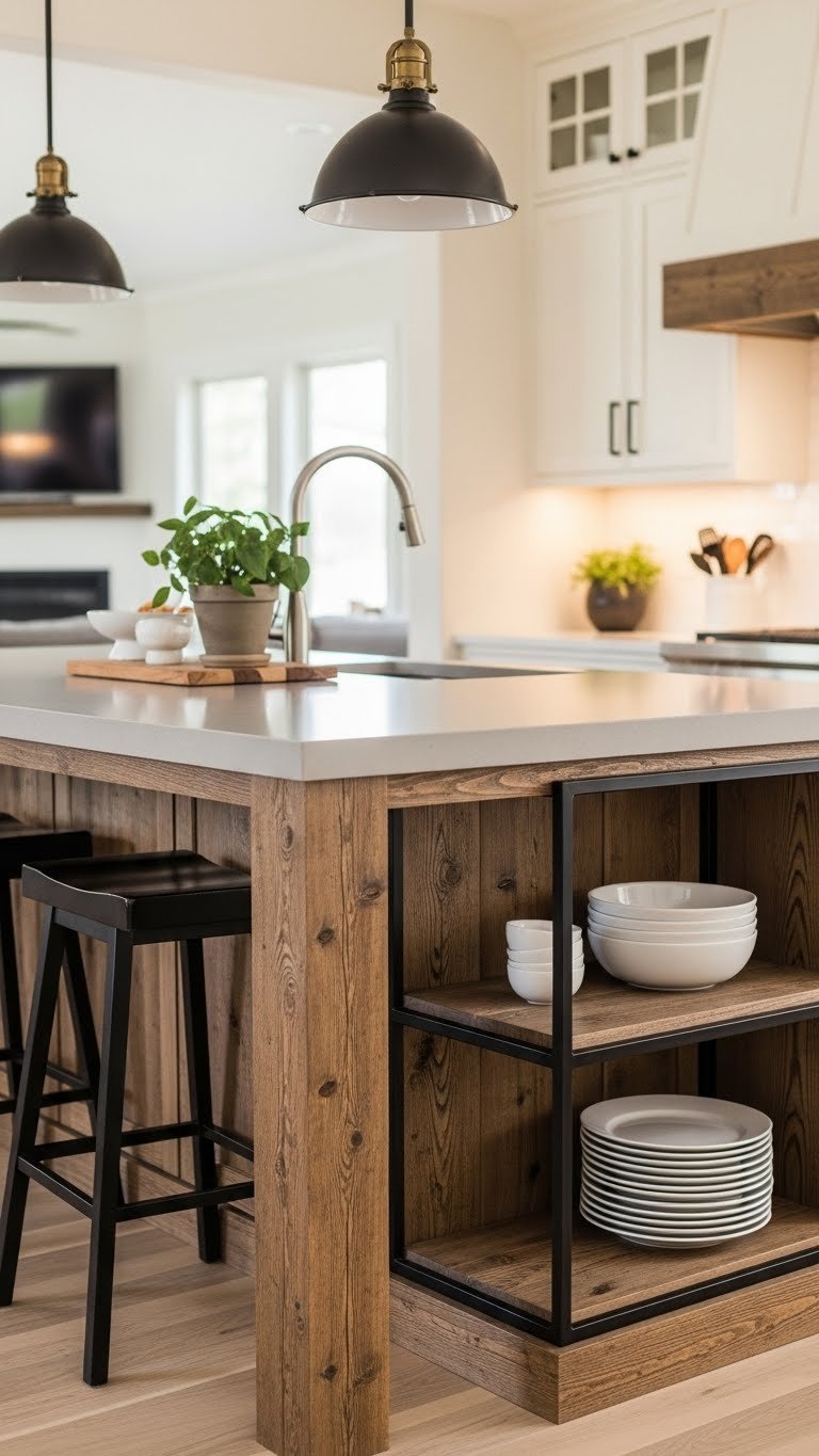 Rustic Modern Kitchen: 9 Ultimate Ideas To Transform Your Home 9 Kitchen island with quartz countertop and dark wood base featuring black metal framing and white plates