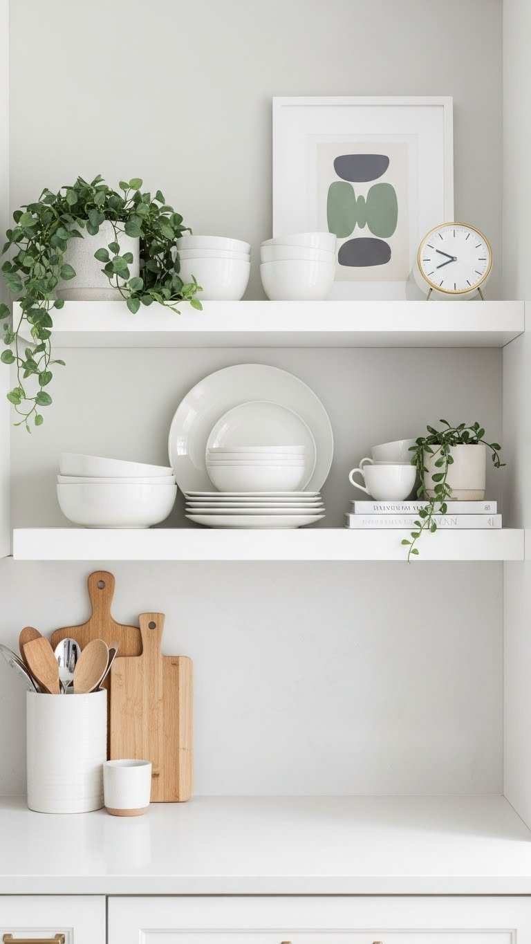Kitchen open shelving displaying curated white ceramic dishes and plants creating airy minimalist decor aesthetic