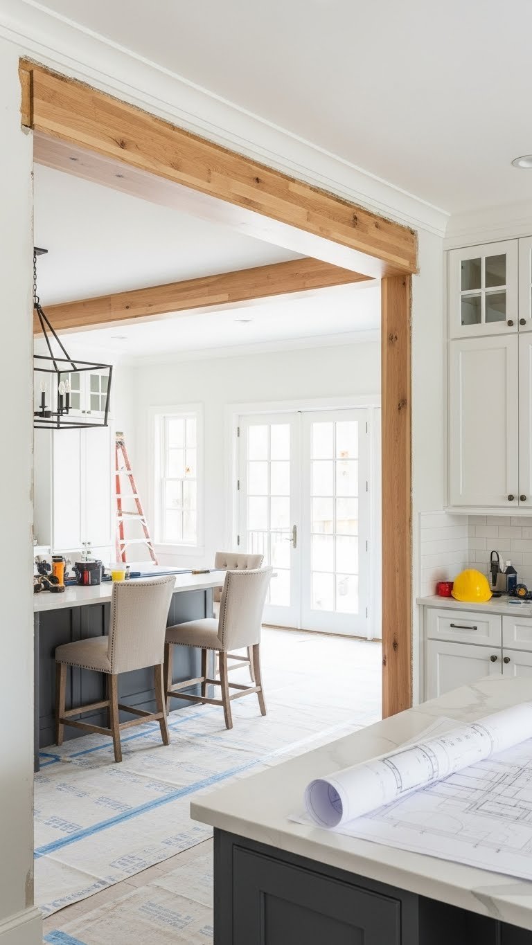 Kitchen renovation: new wall opening, finished header beam for U-shaped kitchen to living room. Raw wood, white.