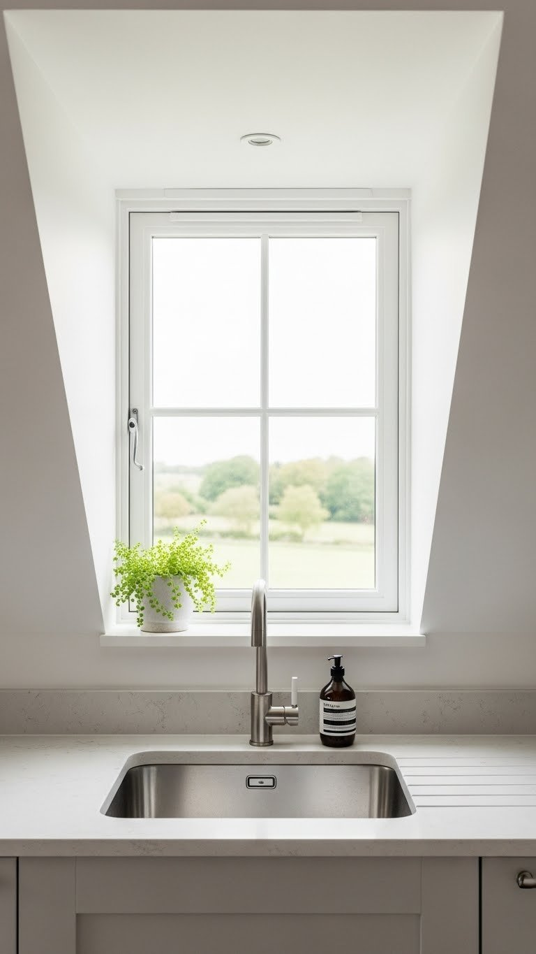 Kitchen sink unit nestled in dormer window alcove with abundant natural light and green landscape view in bright attic kitchen
